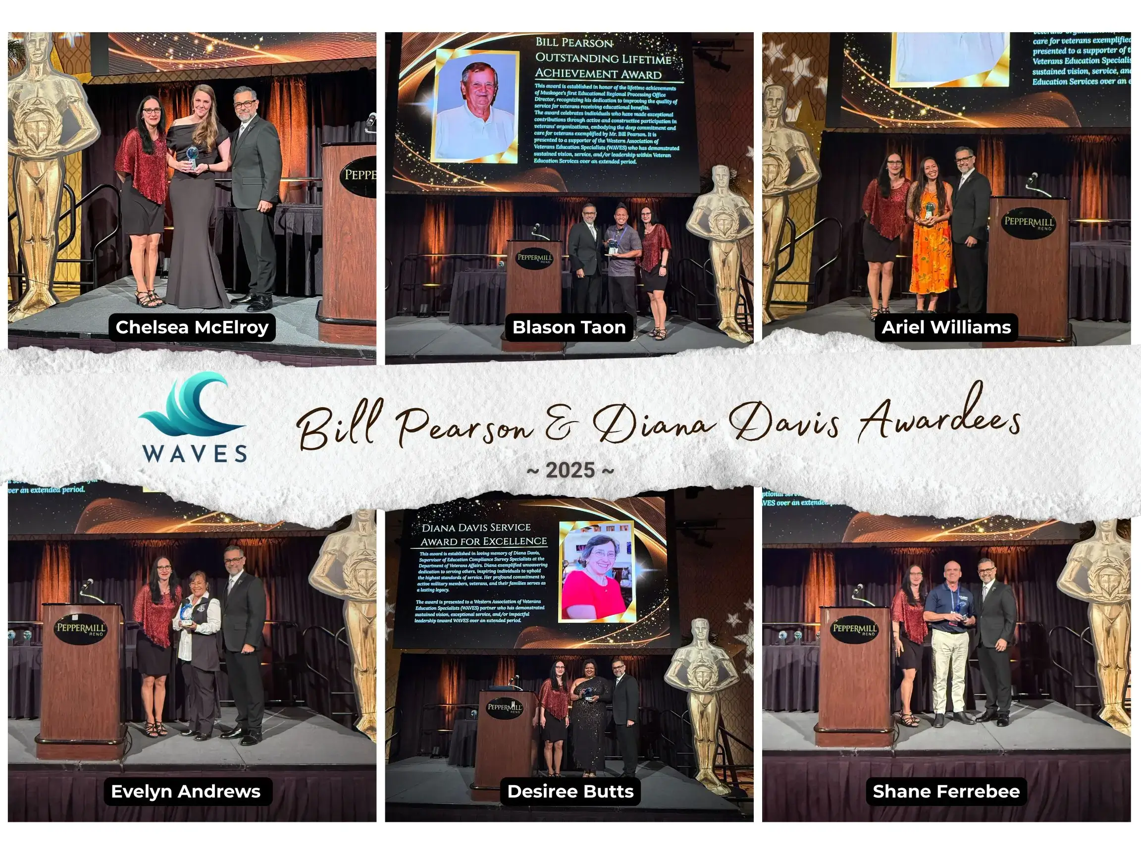 Collage of award ceremony moments honoring Bill Pearson and Diane Davis.